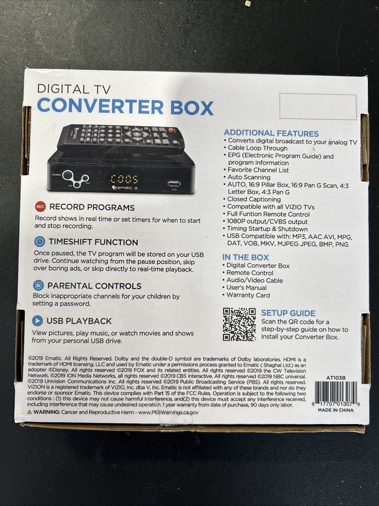 Ematic AT103B Digital Converter Box HDMI USB Recording - Open Box
