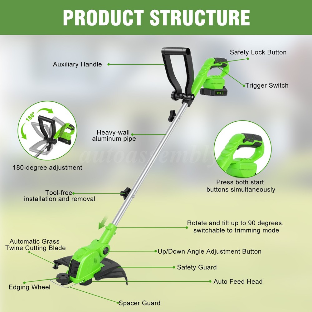 Cordless String Trimmer, Edger WeedWhacker Grass Eater Lawn Cutter w/ 2 Battery
