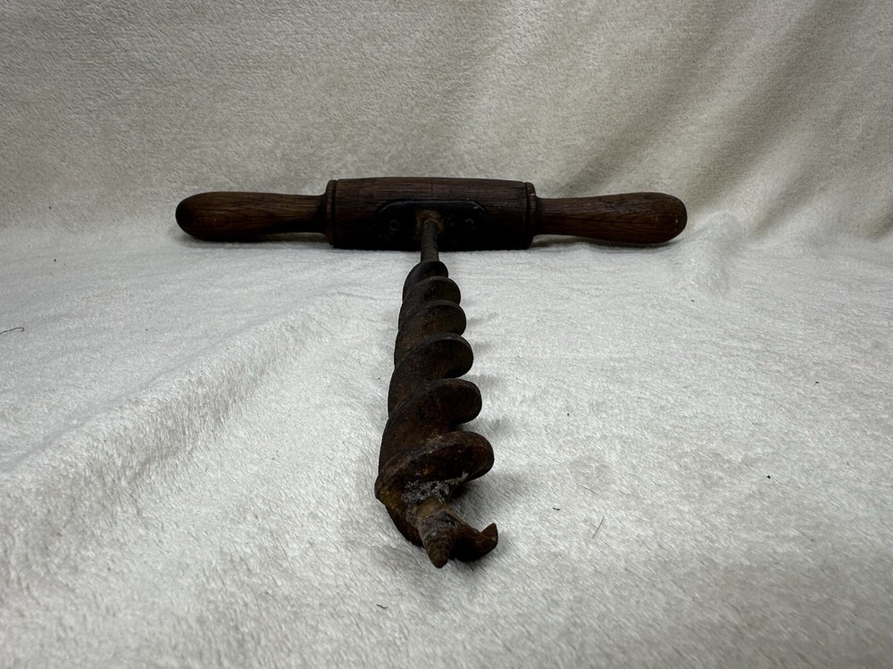 Antique Hand Drill Tool Wooden T- Handle