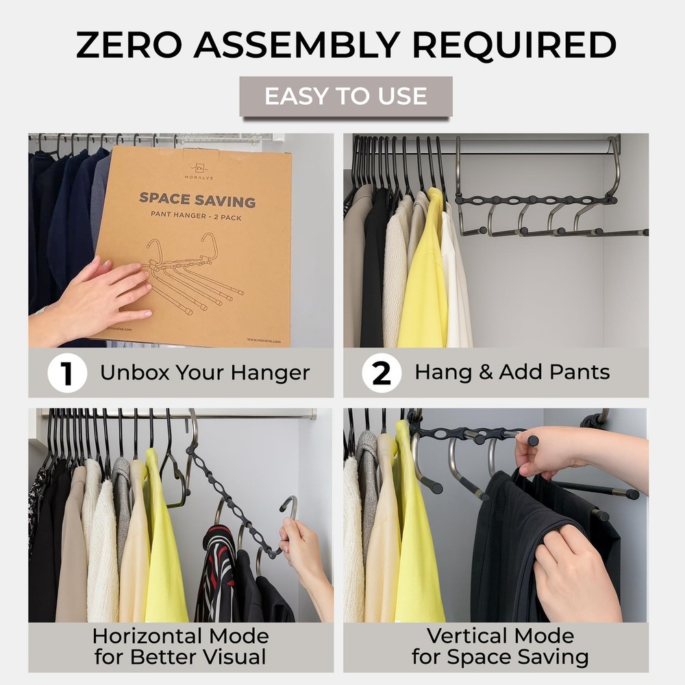 Pants Hangers Space Saving - 2 Pack - Non-Slip Multi-Layer Space Saving Hange...