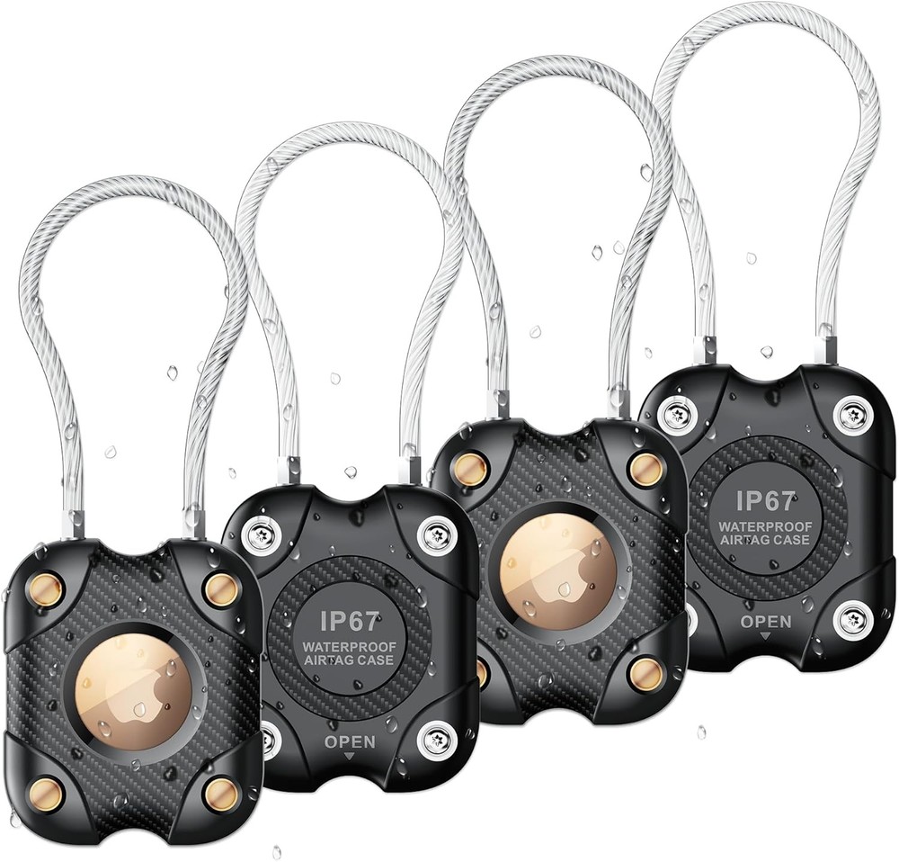 4 Pack Airtag Holder with Wire Cable, Secure Lock 4 Pack, Black