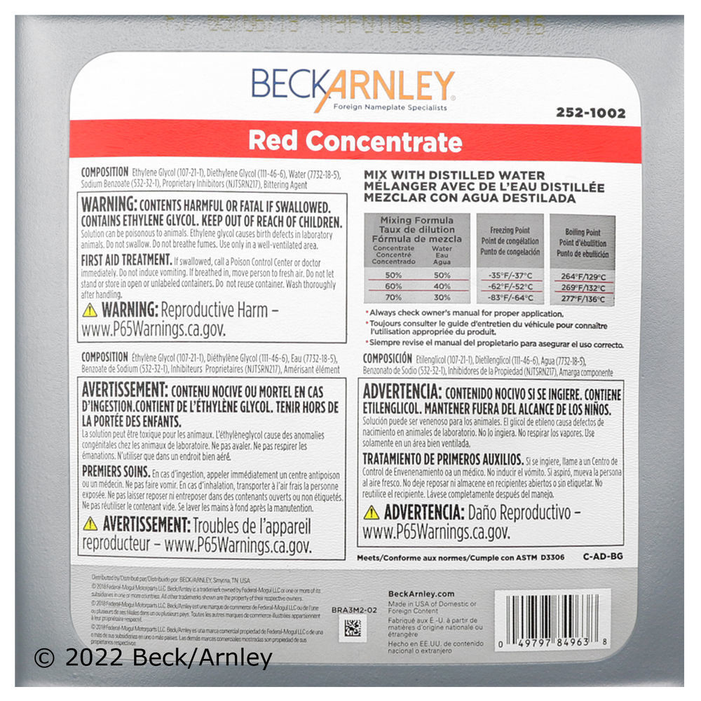 Engine Coolant / Antifreeze Beck/Arnley 252-1002