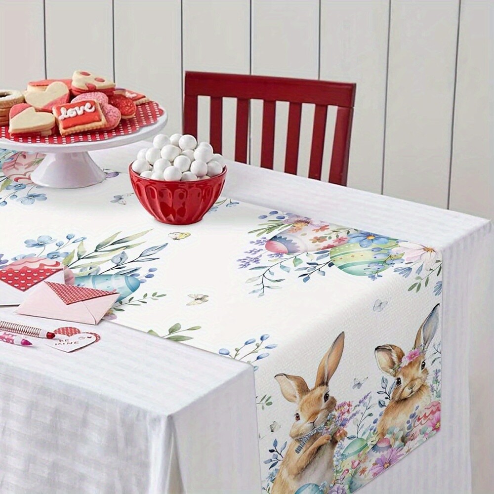 1 PC Easter Table Flag Bunny Eggs Long Eucalyptus Leaf Print Table Runner