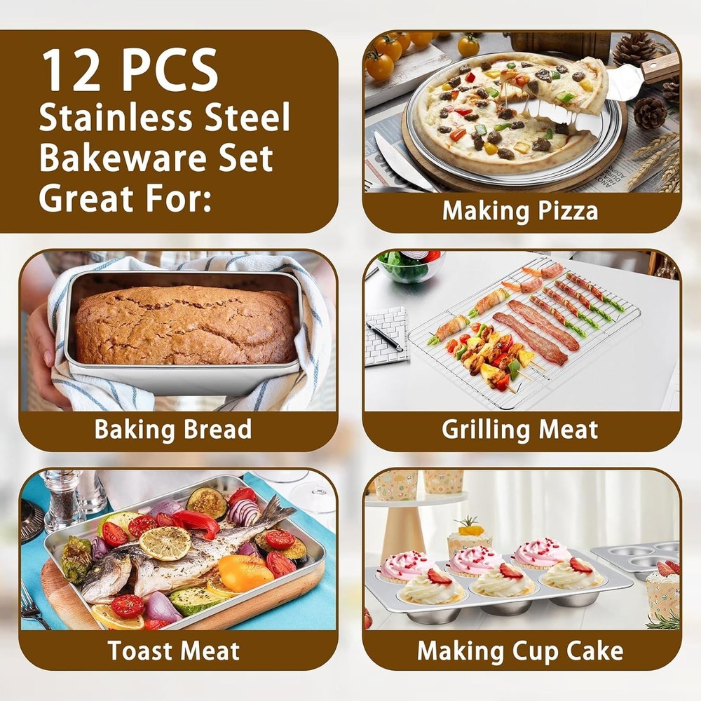 12-Piece Stainless Steel Bakeware Set - Baking Sheets & Pans Kit