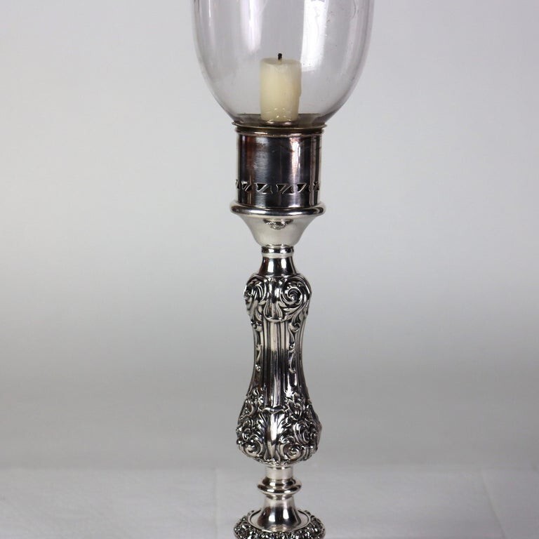 Embossed Silver Plate Candlestick with Grape & Leaf Etched Shade C1890