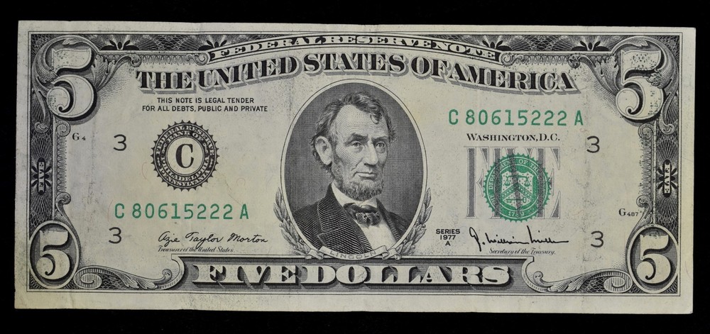 1977-A $5 ERROR NOTE ✪ WET INK TRANSER ✪ BILL VF FRONT TO BACK 100% ◢TRUSTED◣