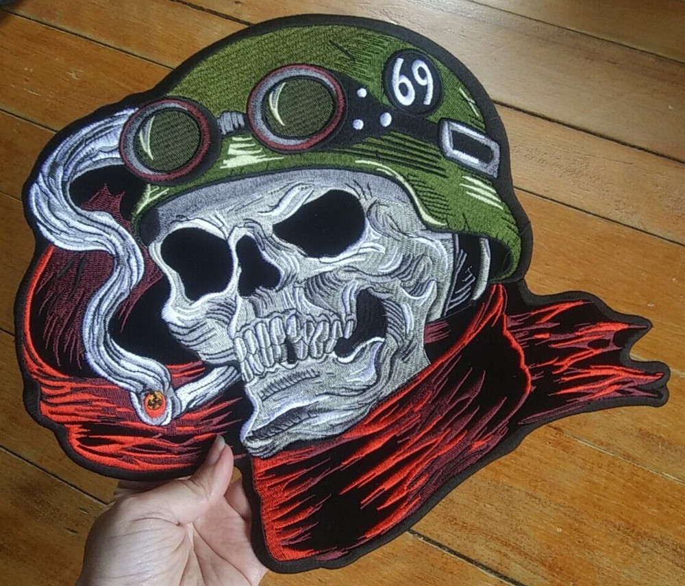 Large Embroidered Back Patch ~ Smokin' Death Skull 69 Helmet Biker Jacket PATCH