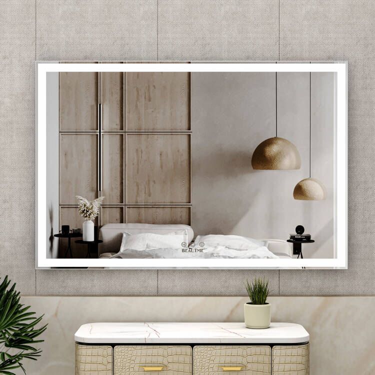 60"x40" LED Rectangle Bathroom Mirror Mirror Wall Mounted Silver Aluminum Frame
