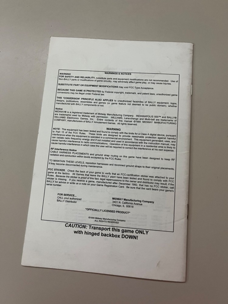 Indianapolis 500 Pinball Operator Handbook