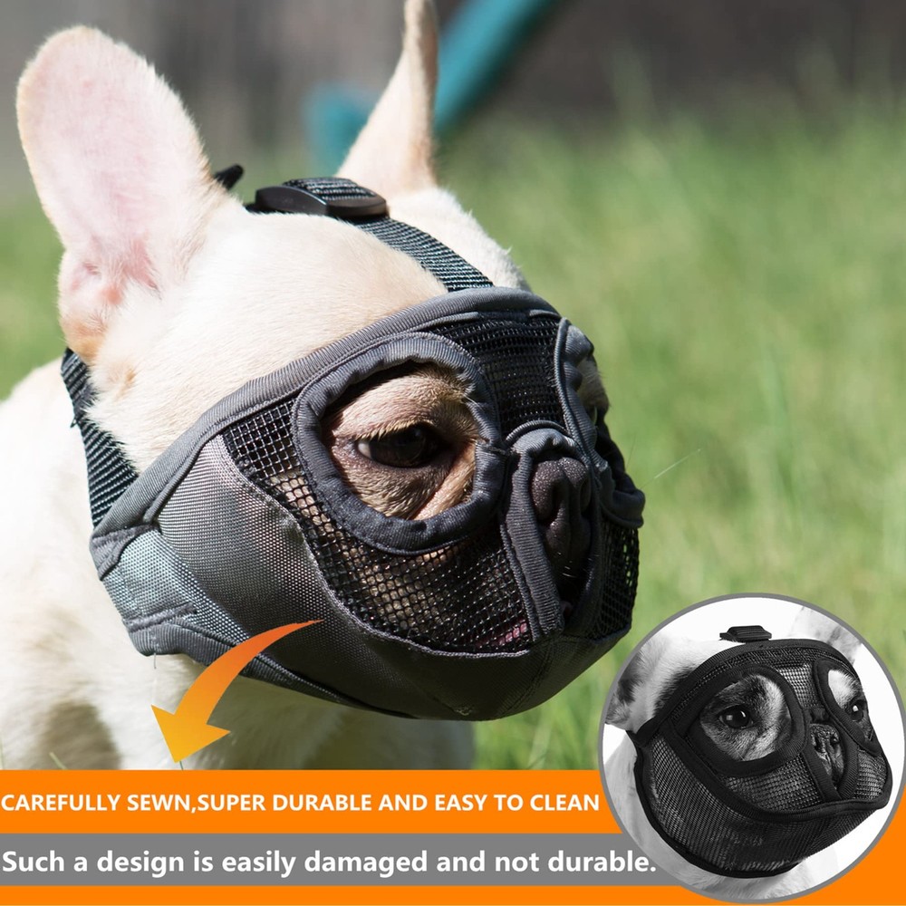 Short Snout Dog Muzzle- Adjustable Breathable Mesh Bulldog Muzzle for Biting ...