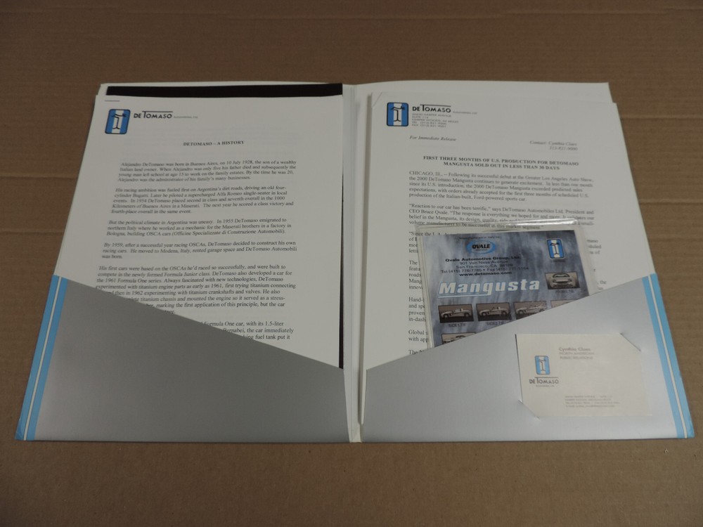 2000 DeTomaso MANGUSTA press kit brochure media ORIGINAL portfolio specification