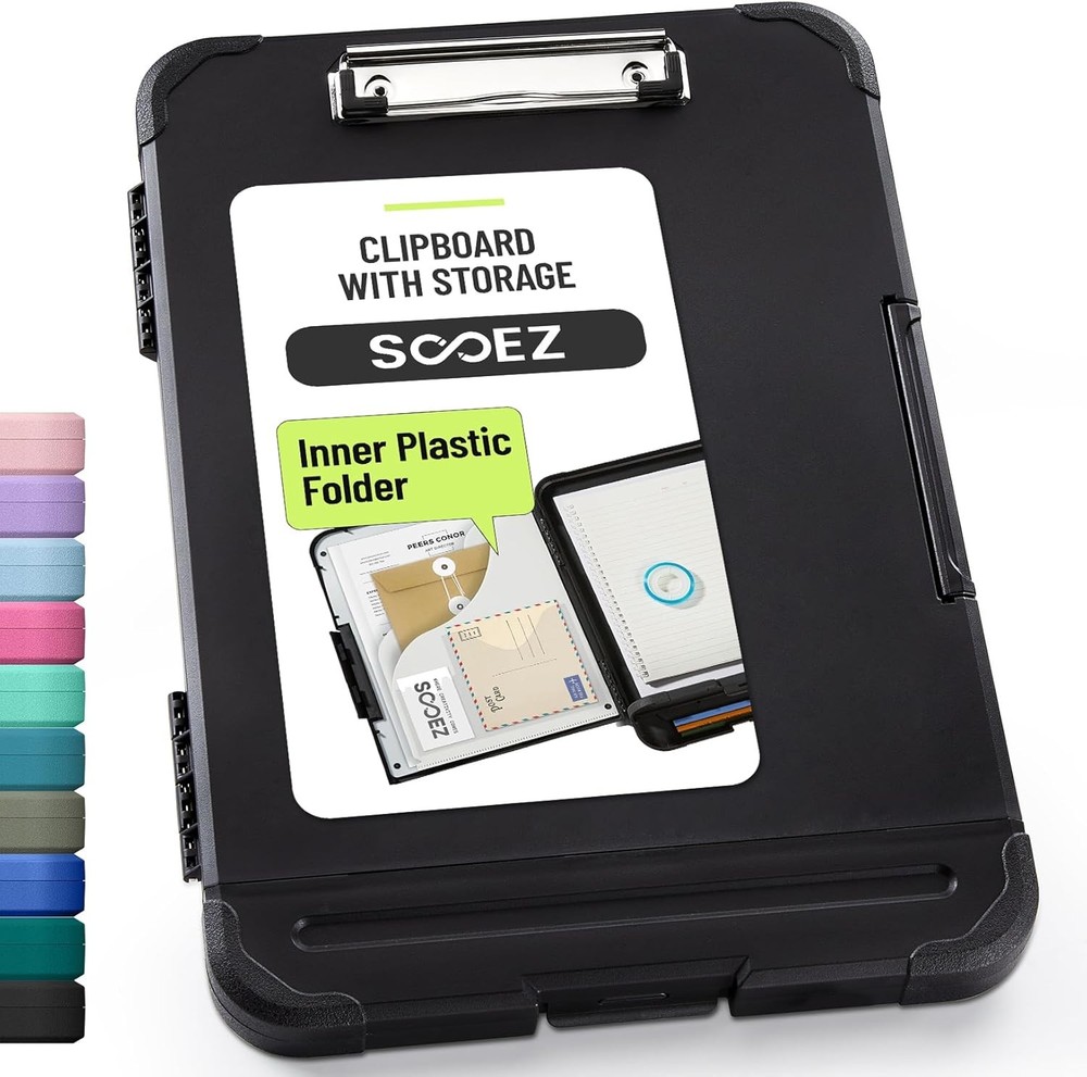 Sooez Reinforced Clipboard with Storage, Inner Plastic Folder Attached, Black
