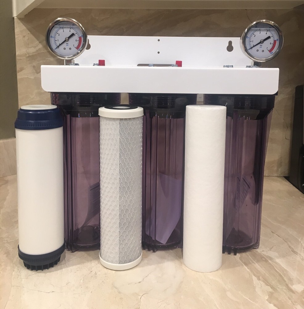 3 Stage Whole house water Sediment Carbon Filter + 2 Liquid Pressure Gauges