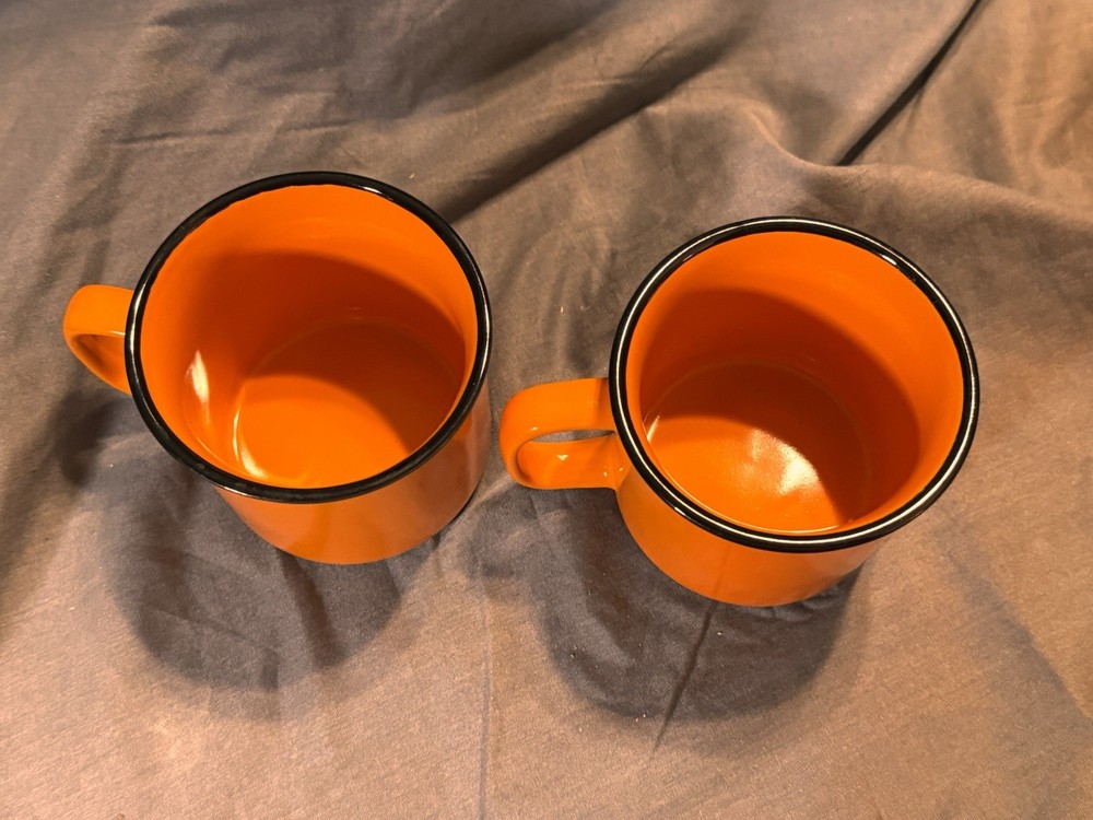 Bulleit Frontier Whiskey Orange Campfire Mugs Set 2 Black Rim Ceramic