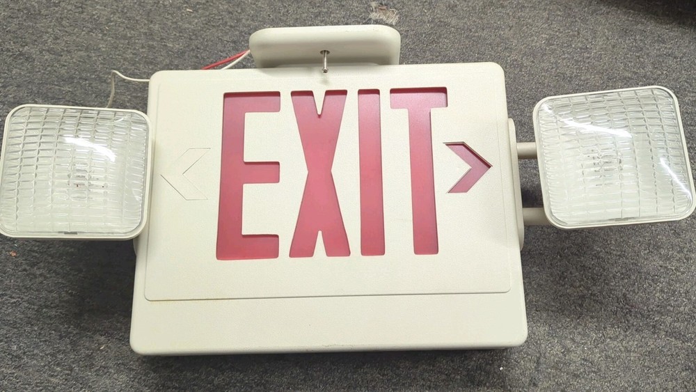 Hard-Wired Exit Sign - Plastic with Emergency Lights,Red Letters,120/277V,UL 924