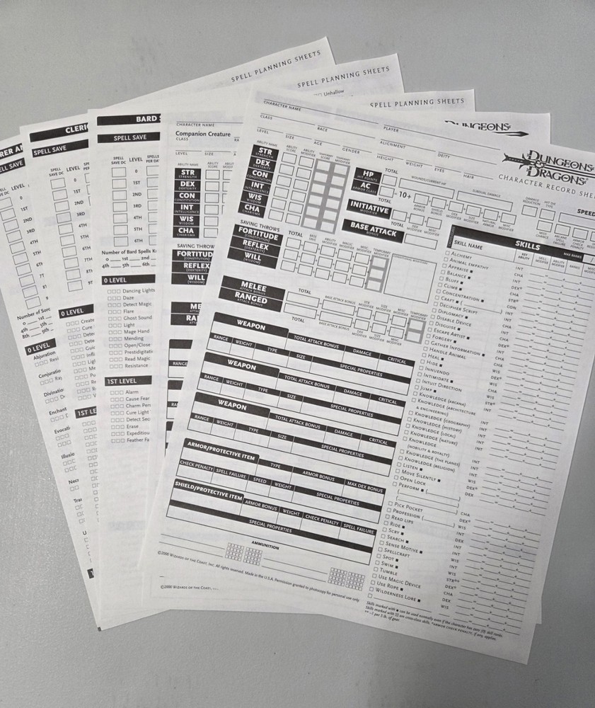 Dungeons & Dragons WotC D&D 3rd Ed Character Sheets 3.0 VG+