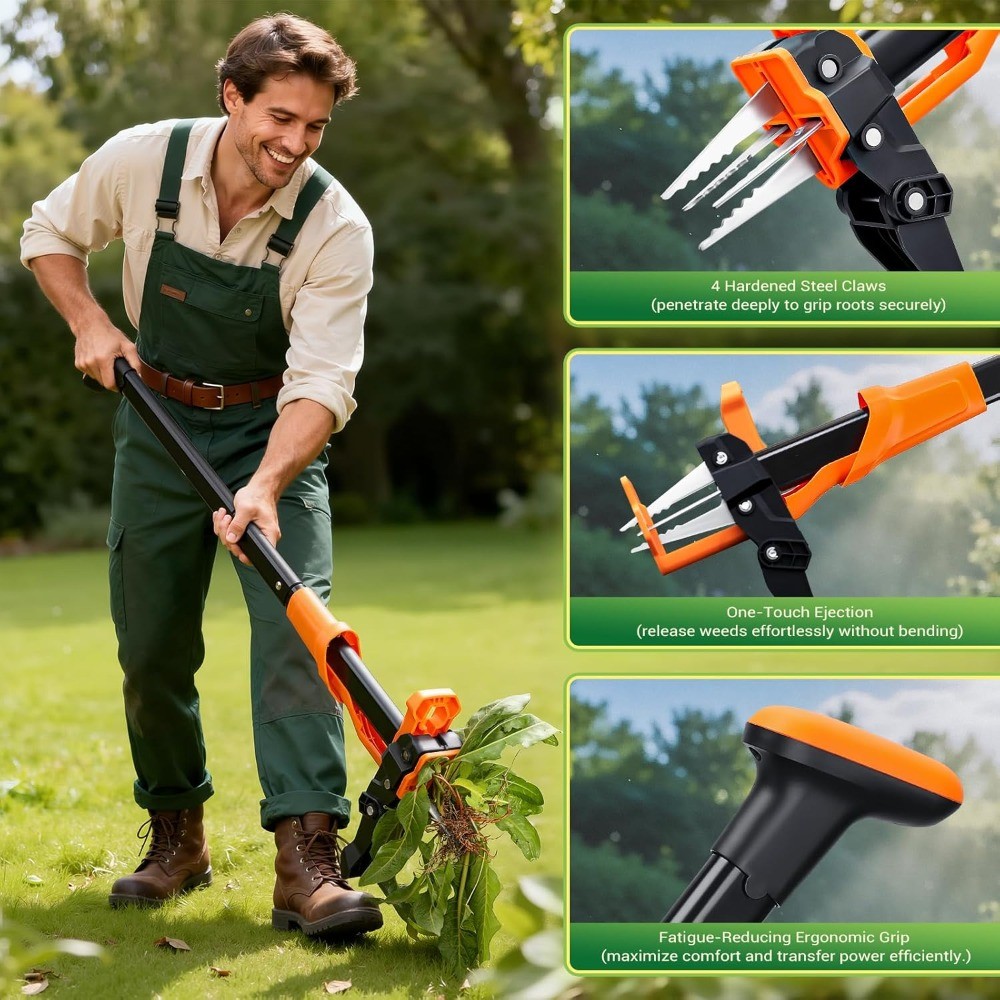 Stand Up Weed Puller Tool, 4-Claw Steel Head, 39" Handle, Easy Eject