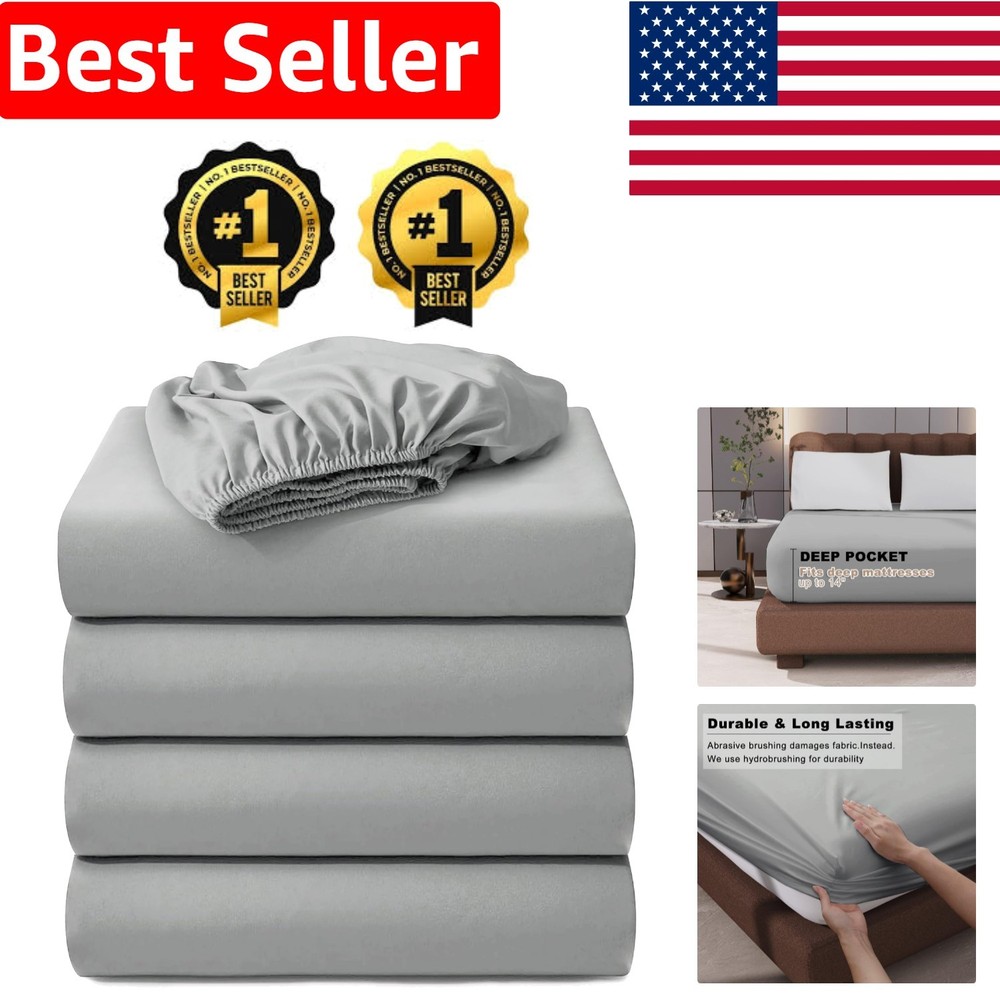 4-Pack Hotel Quality Queen Fitted Sheets, 100% Microfiber, Light Gray, 60"x80"
