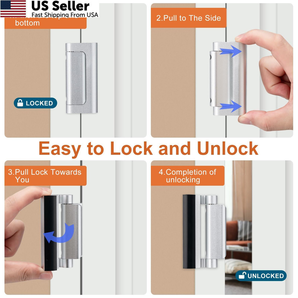 Husfunov 2 Pack Home Security Door Lock,Childproof 2Pack-Silver