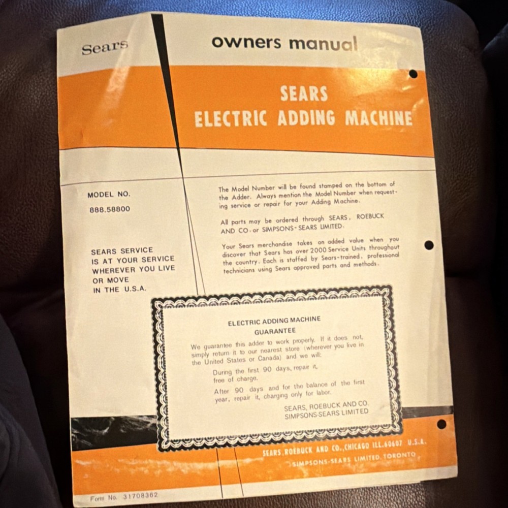Sears Electric Adding Machine 888.58800 Owners Manual
