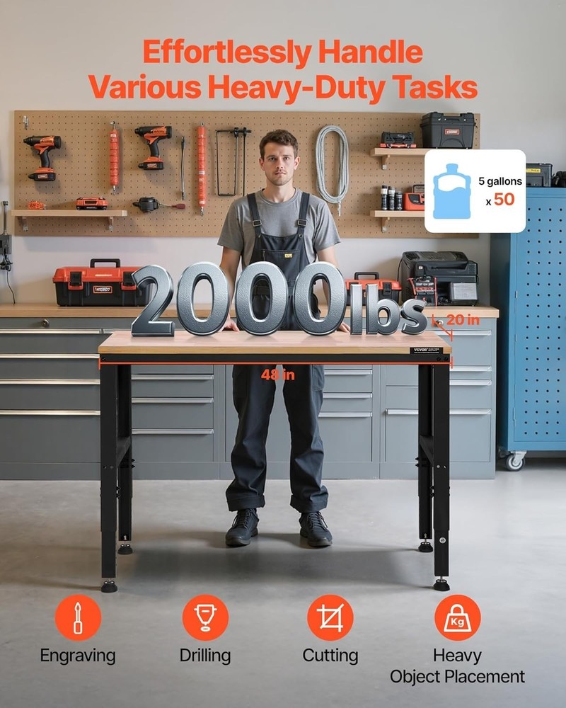 Durable 2000 lbs Capacity Adjustable Workbench - 48x20 Inch with Power Solutions