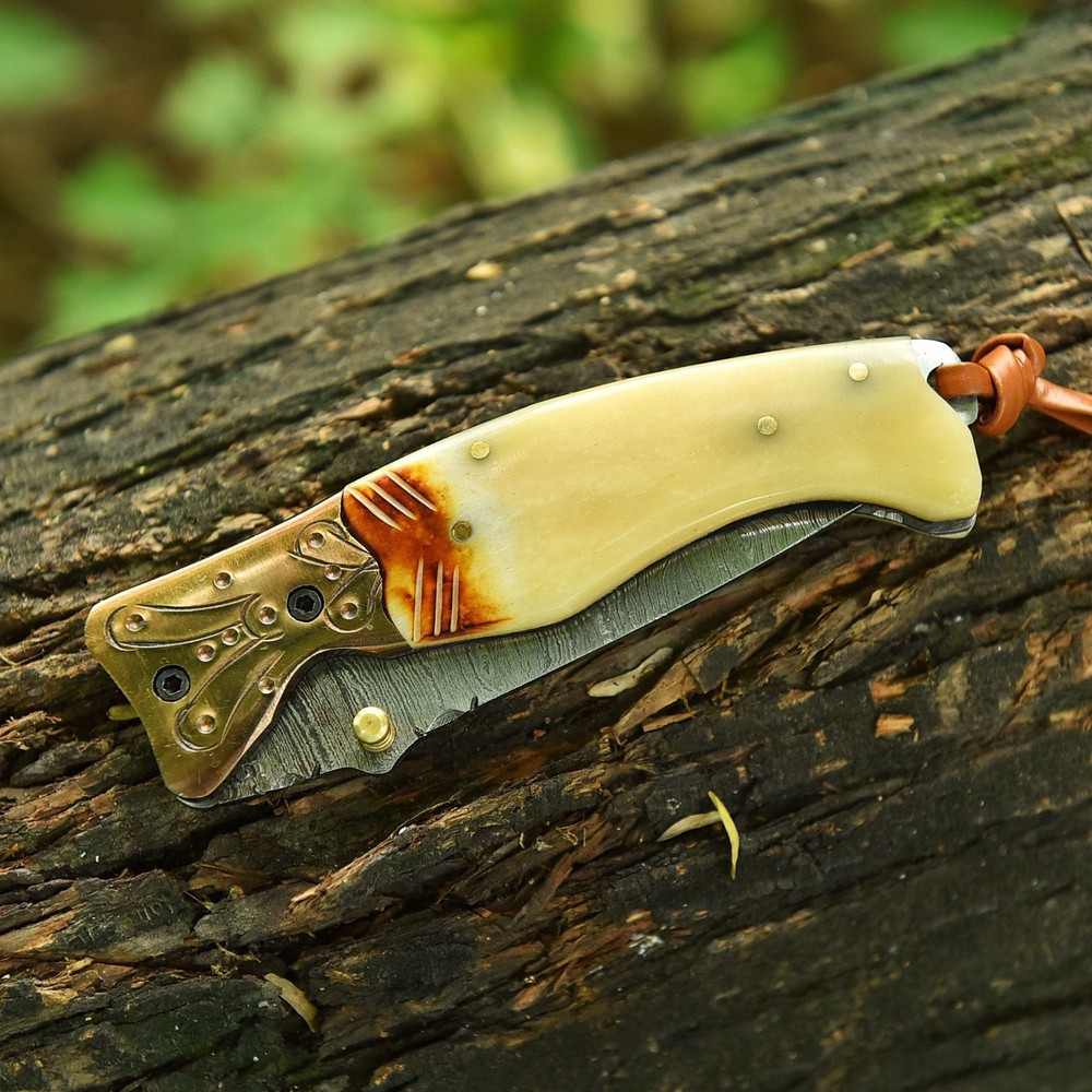 Damascus Folding Blade Pocket Knife Case -Original Camel Bone Handle