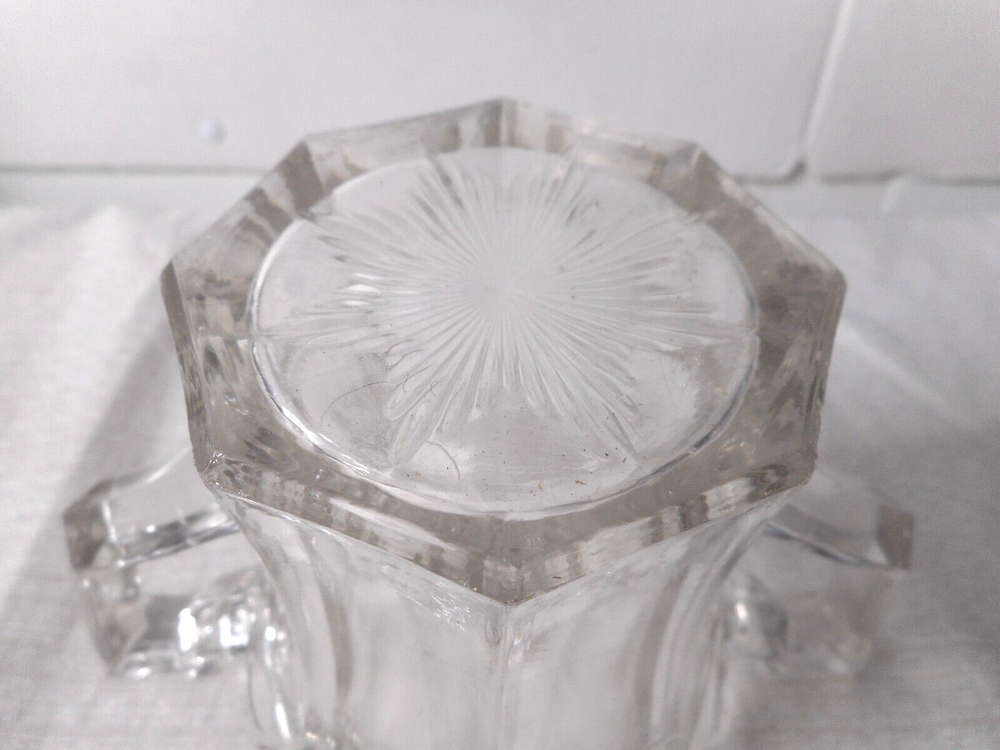 Victorian Clear Thick Glass Double Handle Spooner Scalloped Top Sunburst Bottom