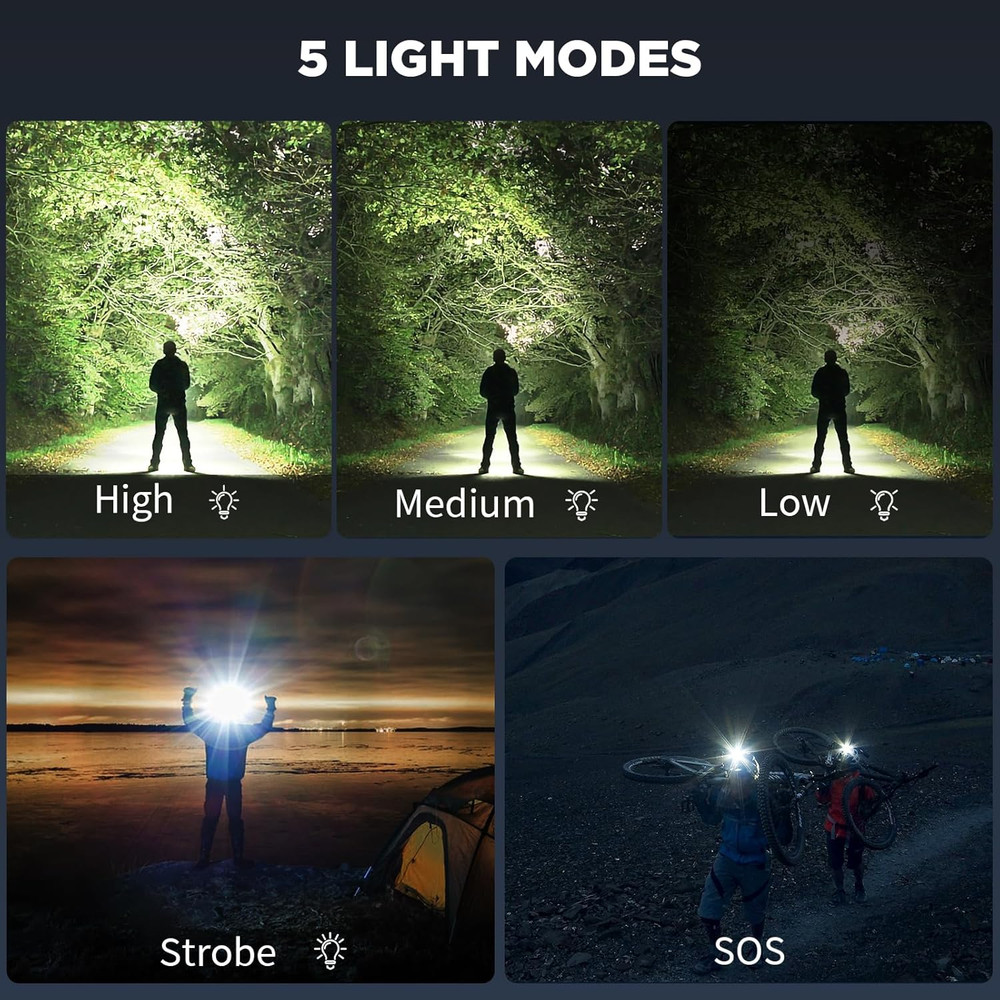 Linterna Frontal Recargable 3000 Lumenes LED 5 Modos Impermeable Ajustable