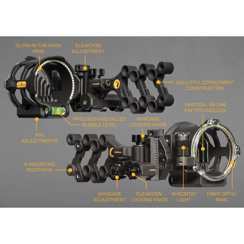 Peak Sight Vertical Inline Pin Technology Multi-Pin Bow Sight 5 Fiber Optic Pins