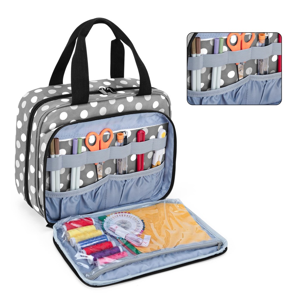 Large Sewing Organizer 3 Inner Sections Foldable Storage Pockets Polka Dots