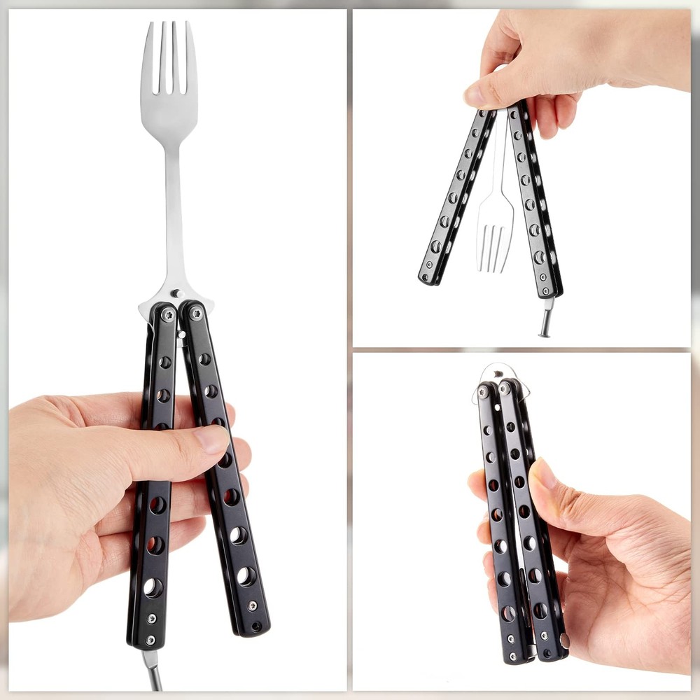 2 Pcs Butterfly Fork and Spoon Set, Tactical Folding Black