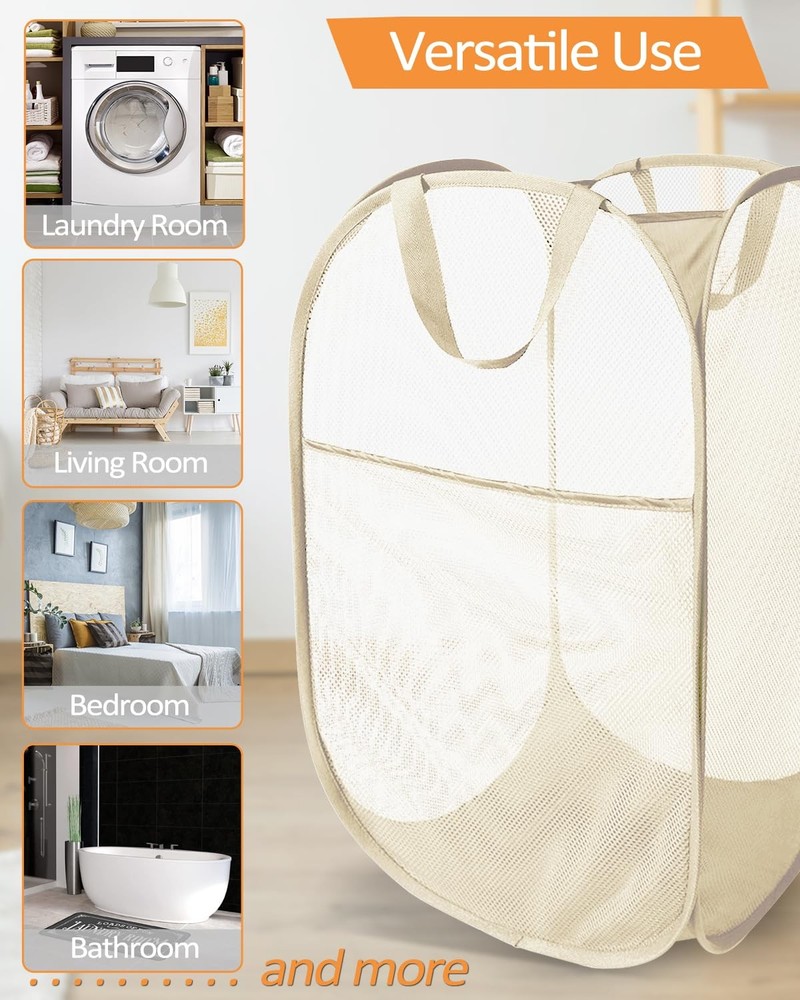 Pop Up Laundry Hamper Reinforced Mesh Collapsible Basket Beige Pocket Handle