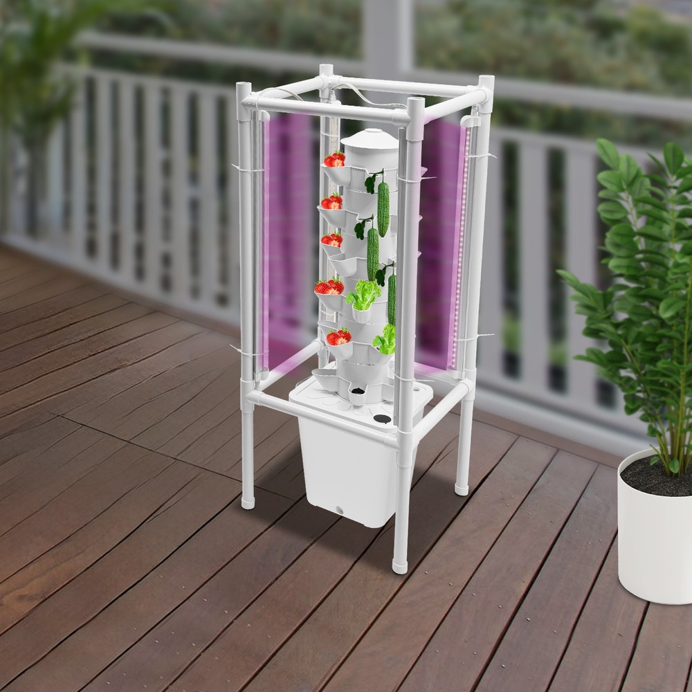 30-Pot Vertical Hydroponic Tower System Set with LED Lighting & Auto-Watering
