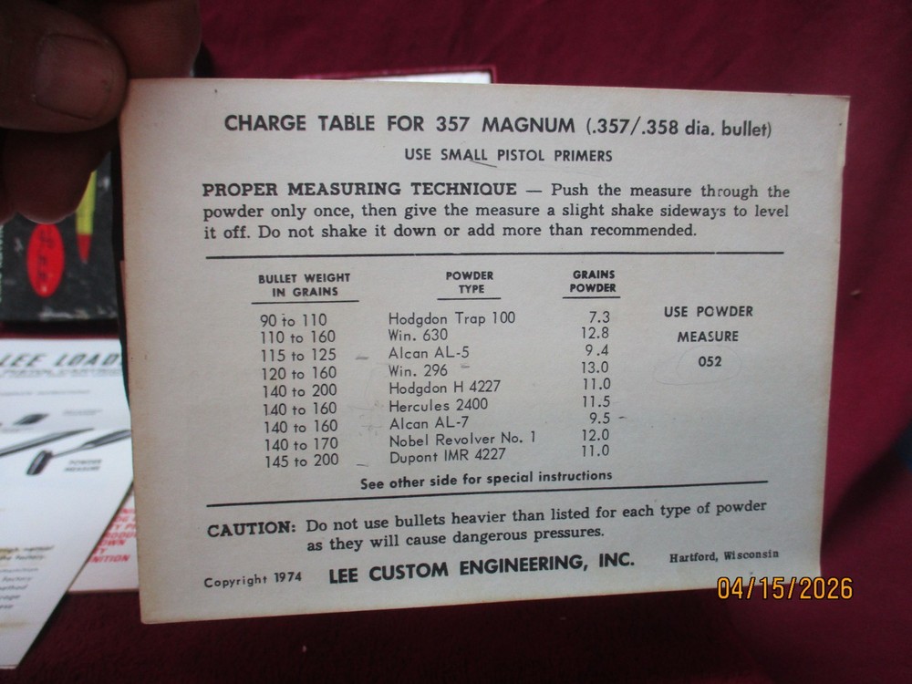1970's LEE Loader 357 Magnum Hand Reloading Set