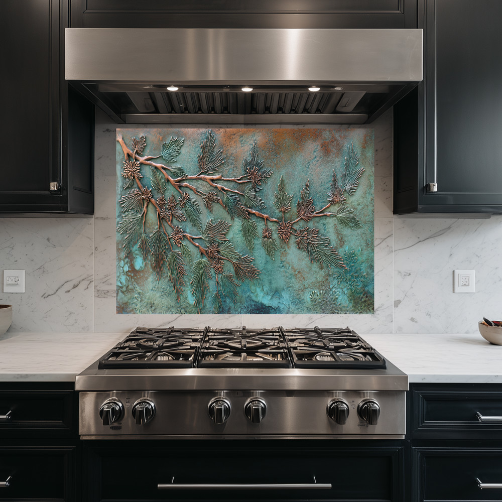 Green Rusted Copper Pine Tree Look Backsplash, Tempered Glass Kitchen Backsplash
