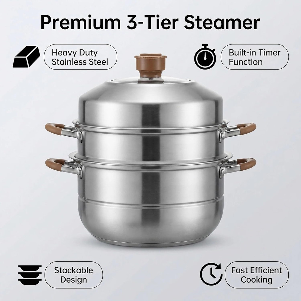 3-Tier Stainless Steel Steamer – Heavy Duty, Timer Function, Stackable Design fo