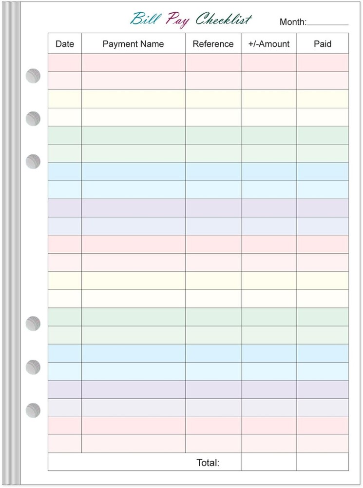 Payment Checklist Refills - 50 Sheets/100 Pages Colorful 1-Pack, multicolor