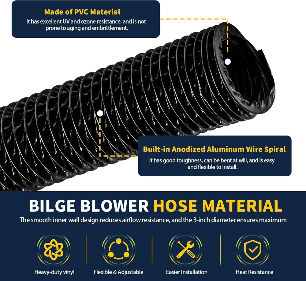 3 Inch x 10Ft Flexible Boat Blower Hose for Marine Bilge Vent Blower Exhaust Fan