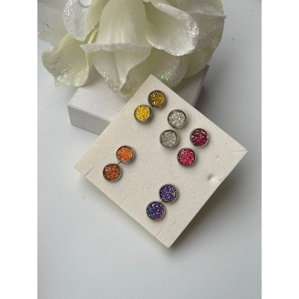 Glittery Studs 5 Pairs Round  Earrings Multicolor