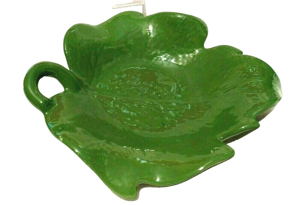 Vintage Candy Dish Green Leaf Glazed Ceramic - 8"