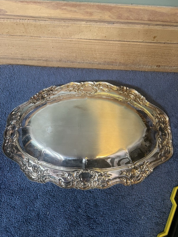 VINTAGE TOWLE SILVER OVAL SERVING TRAY ROSEBUD & SCROLLWORK