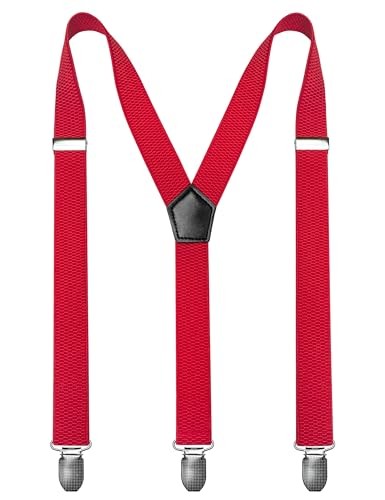 Mens Solid Color Suspender with 3 Cilps Adjustable Braces Red