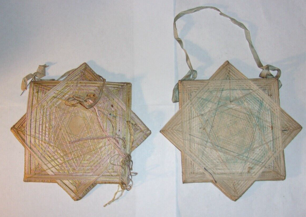 Set of 2 Antique Victorian String Thread Frames w/Catholic Religious Prints