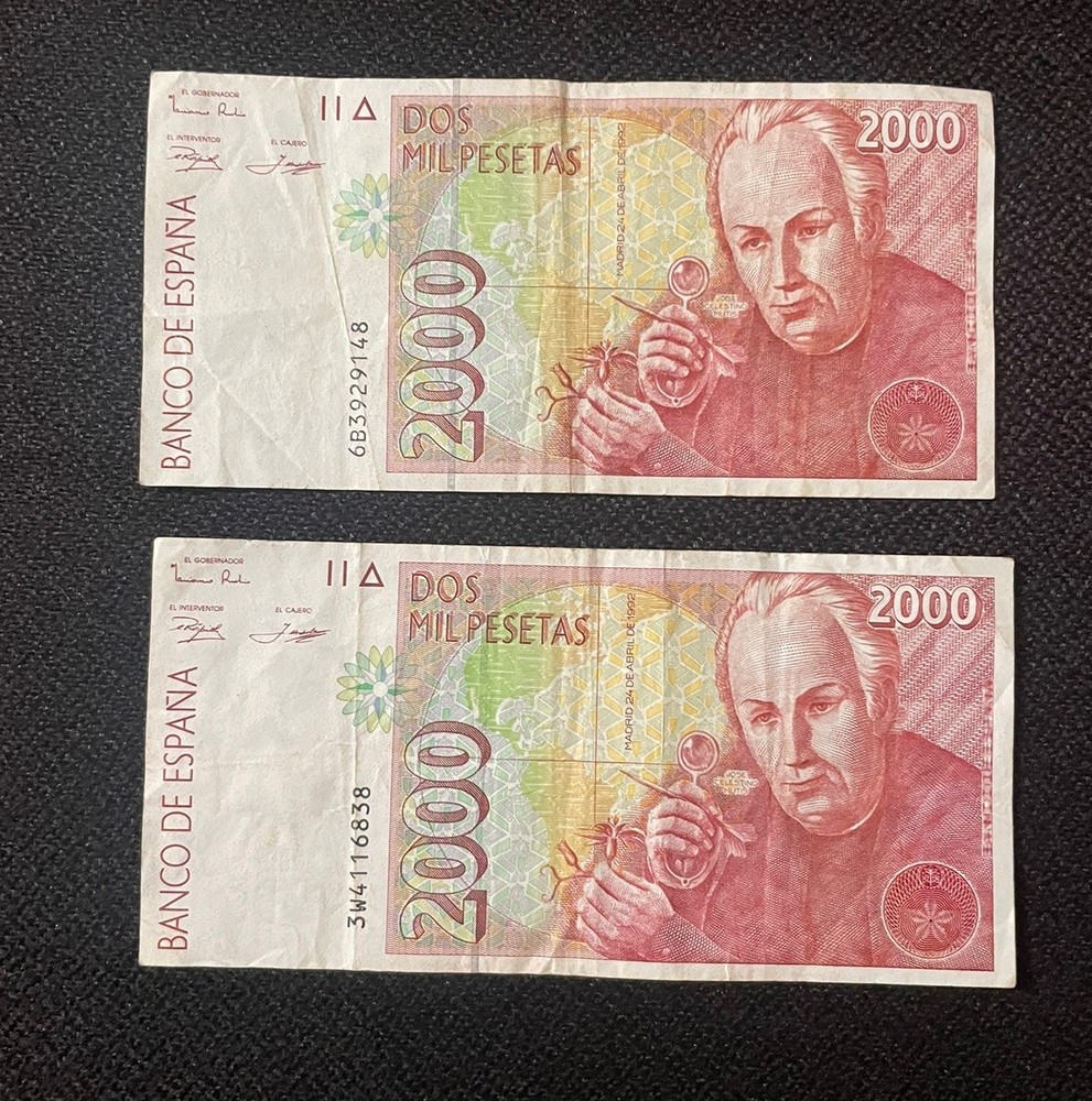 Two Spain 2x 2000 pesetas BANKNOTE 1992
