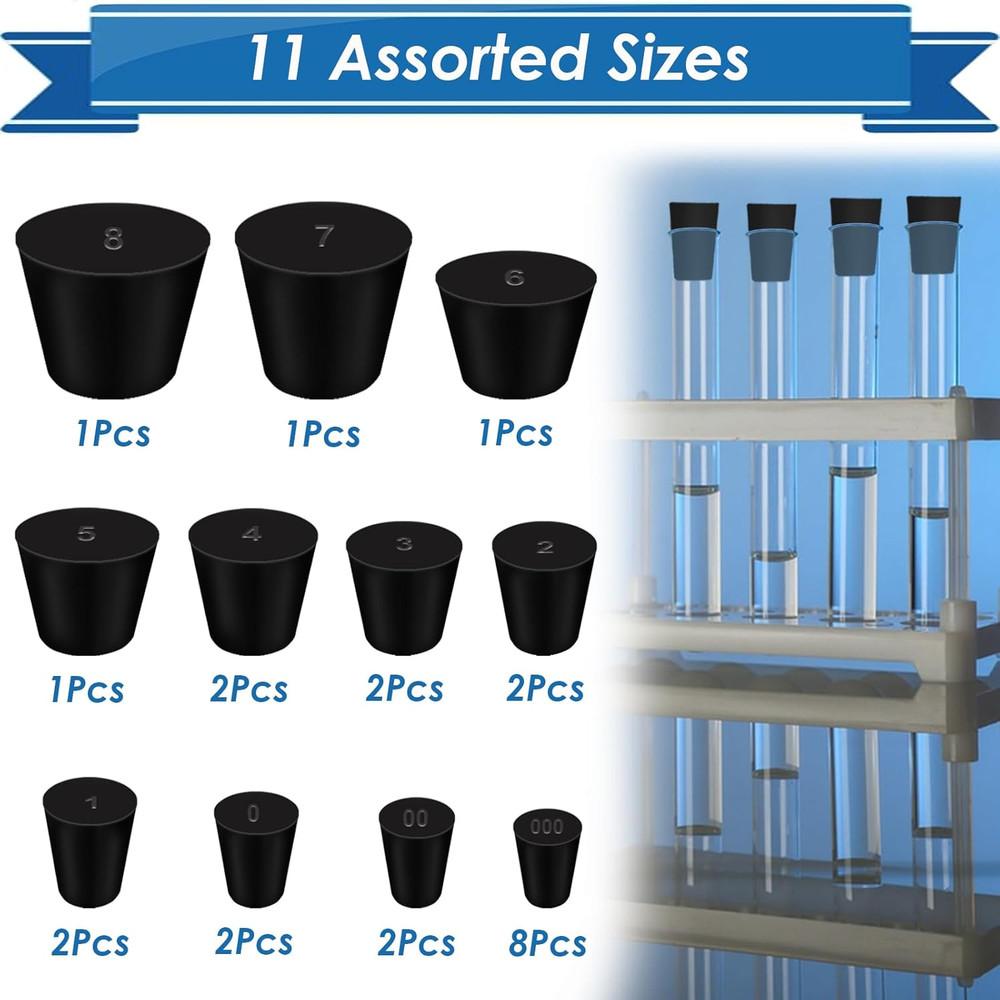 24Pcs Solid Rubber Stopper 11 Assorted Sizes 000# - 8# for Flask, Plug Holes,...