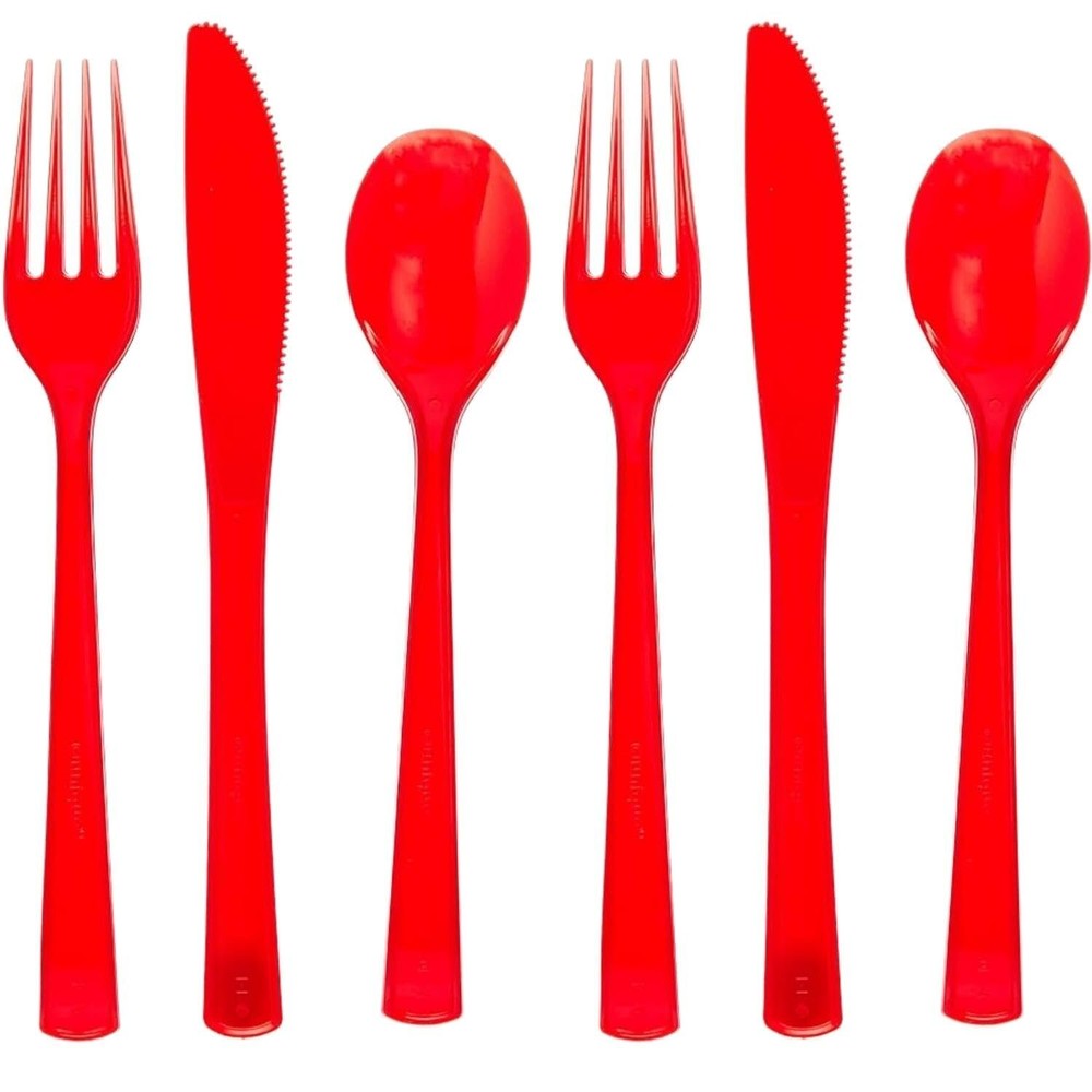 Elegant Ruby Red Solid Assorted Plastic Cutlery - 18ct - Stylish Disposable...