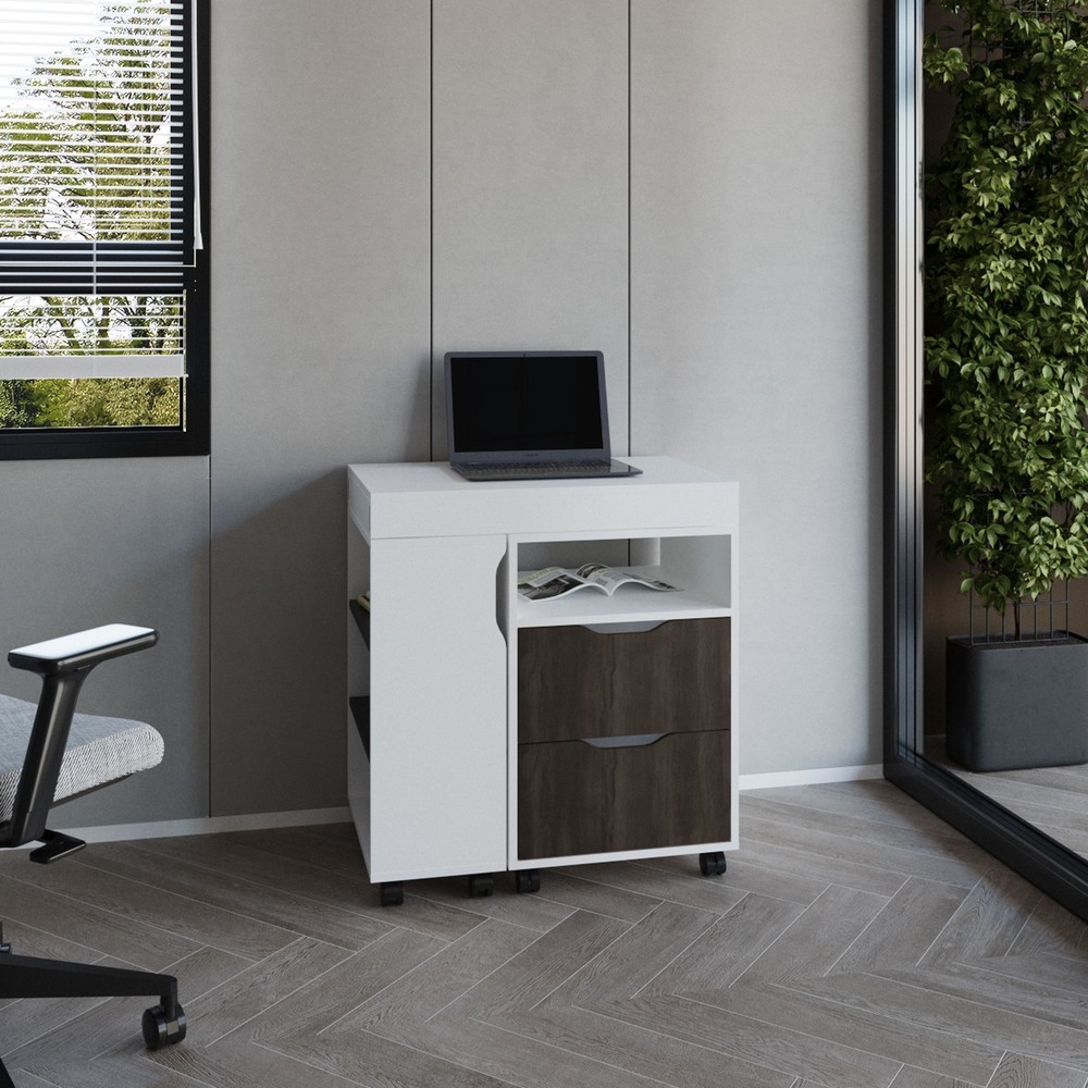 Extendable Desk with 2 Drawers and 4 Shelves, Rolling Computer Desk