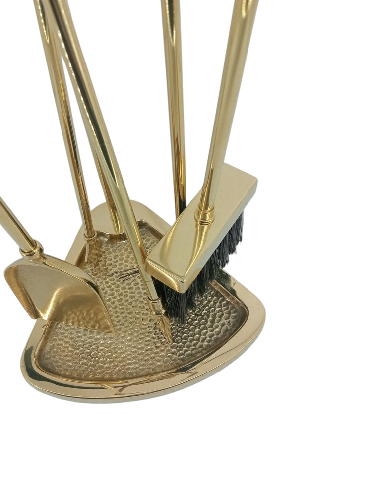Fireplace Accessory Set Tool Kit Polished Brass Tripod Wood Handle