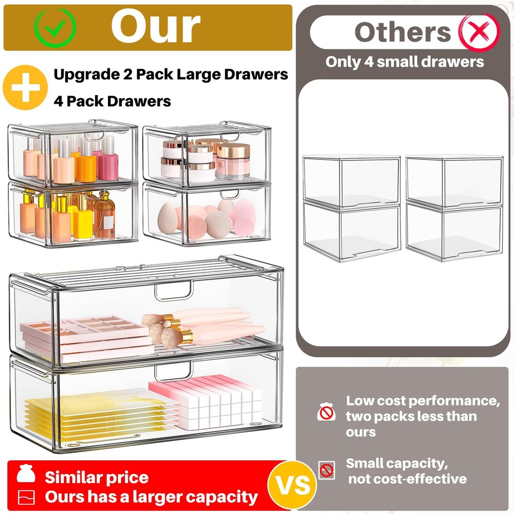caktraie 6-PC Clear Acrylic Stackable Storage Drawers Makeup Organizer