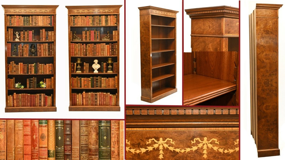 Pair Walnut Bookcases - Regency Sheraton Open Front